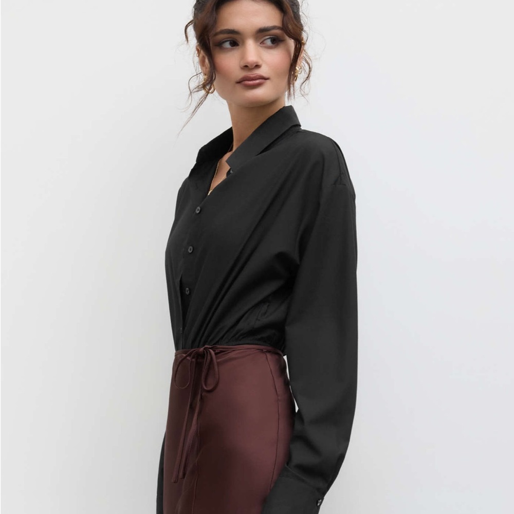 Collar Solid Button Long Sleeve Shirt Bodysuit - image 3